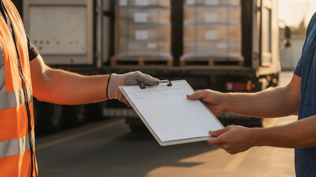 Signature de la lettre de voiture par le chauffeur et le réceptionnaire sur un quai de livraison