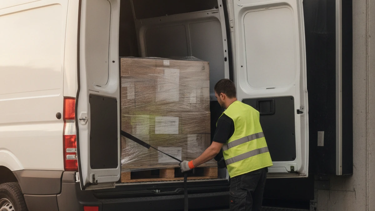 Utilitaire de transport express dédié en cours de chargement d'une palette sur un quai
