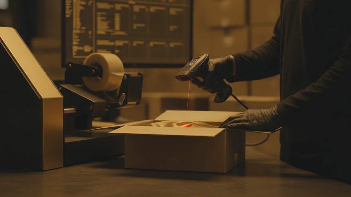 Contrôle d'un colis par scan au poste d'emballage avant expédition dans un entrepôt logistique