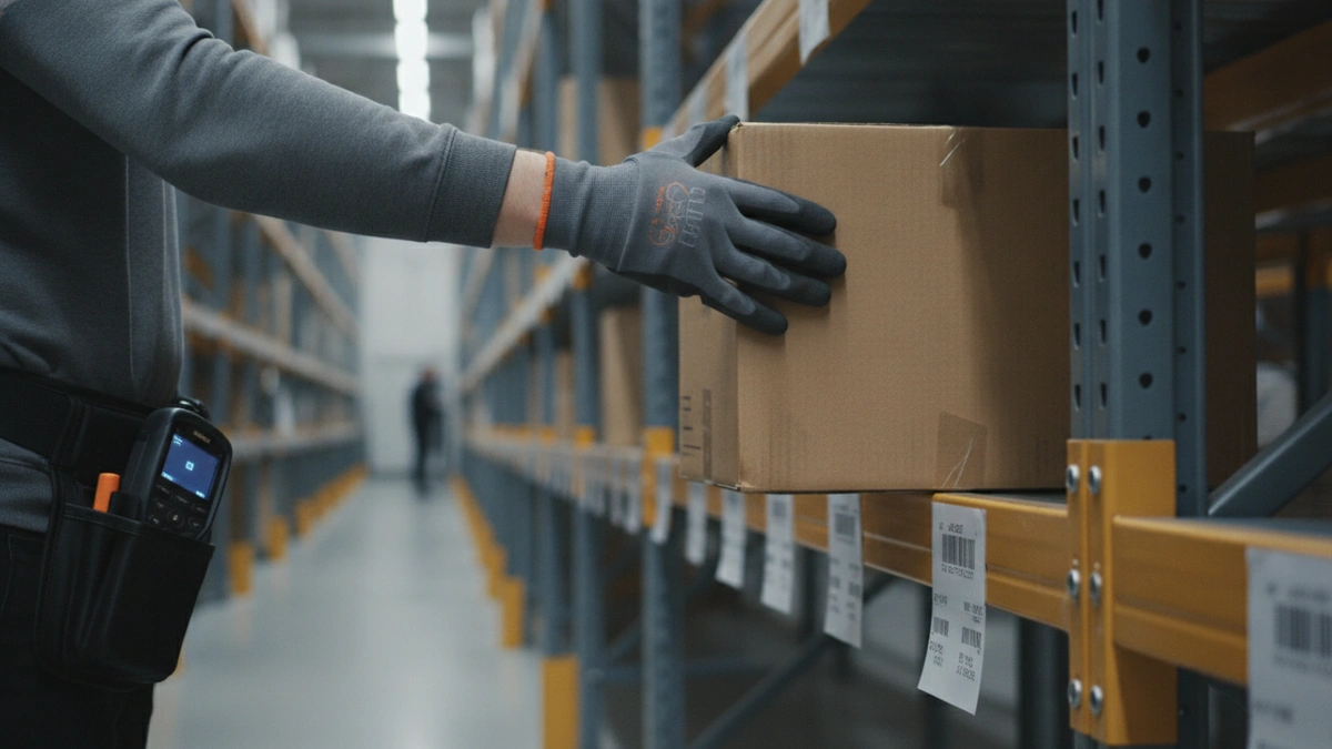 Préparateur de commandes prélevant un carton dans une allée de racks d'entrepôt avec un terminal de scan