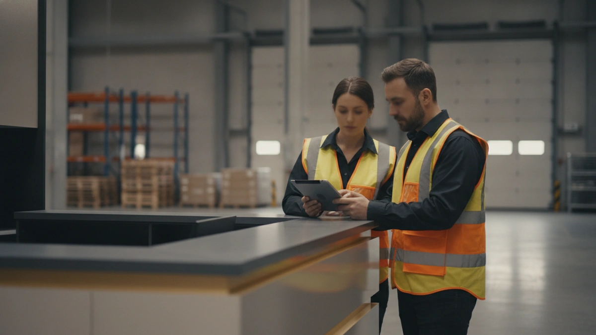 Responsable de quai et conducteur poids lourd relisant un protocole de sécurité chargement déchargement sur tablette