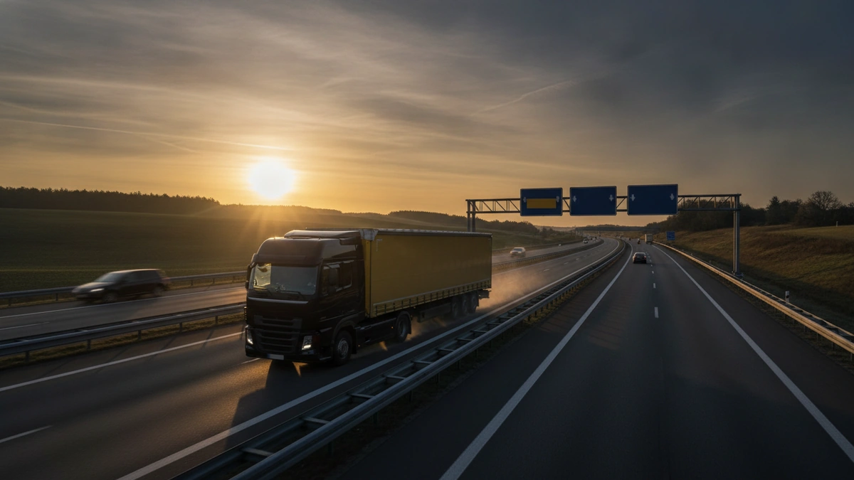 Camion de transport routier France-Allemagne sur une autoroute allemande au petit matin