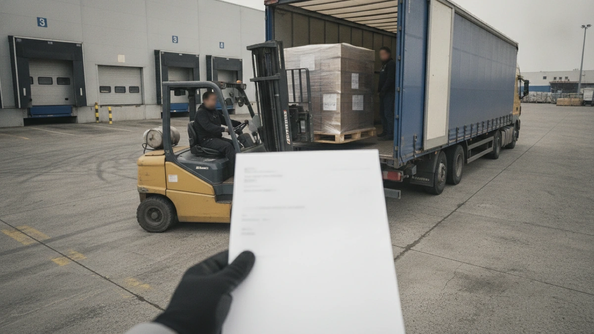 Chargement de palettes dans un véhicule dédié pour un envoi vers l'Allemagne, lettre de voiture CMR à la main